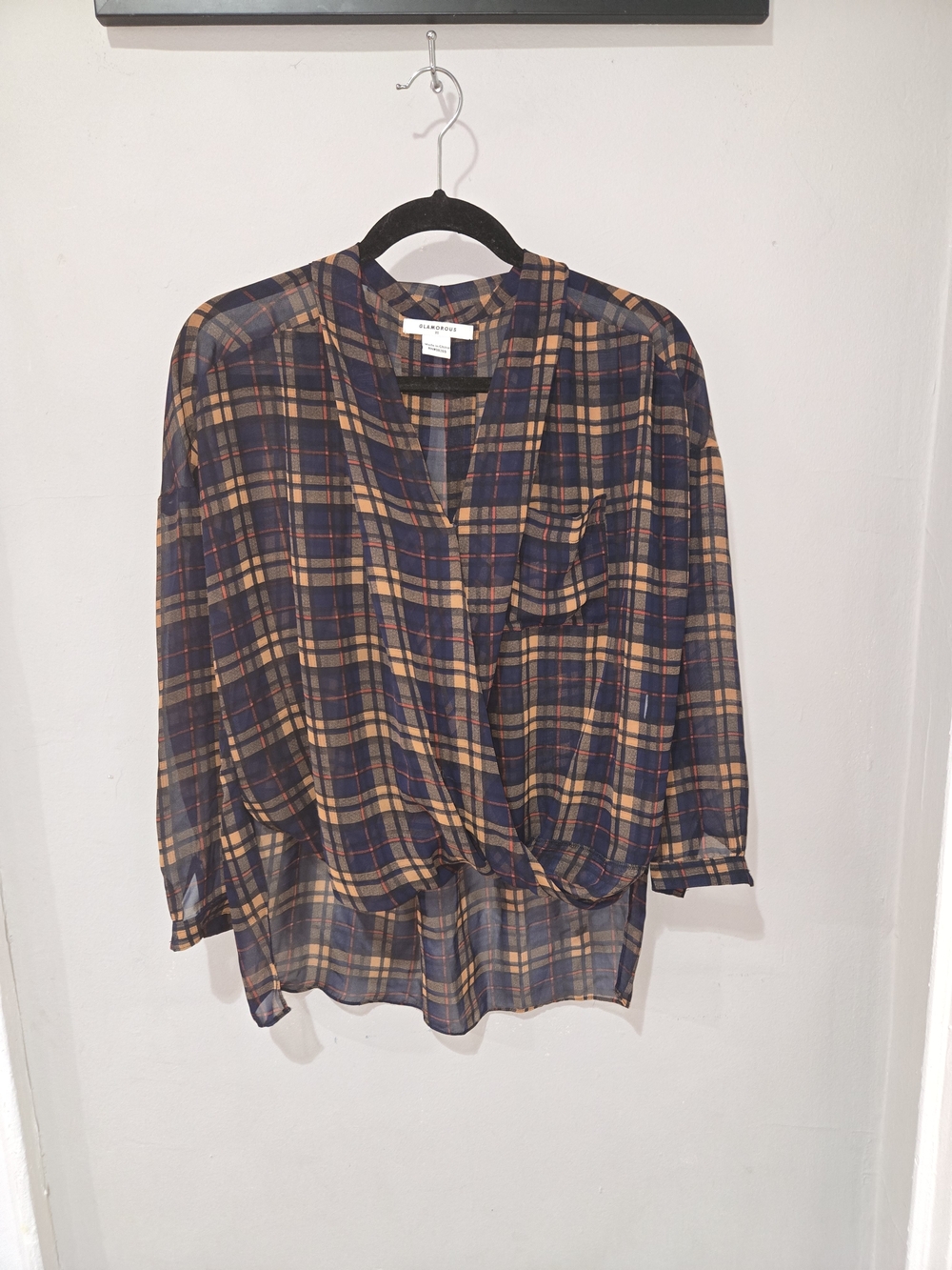Glamorous Navy and Tan Plaid Wrap Blouse